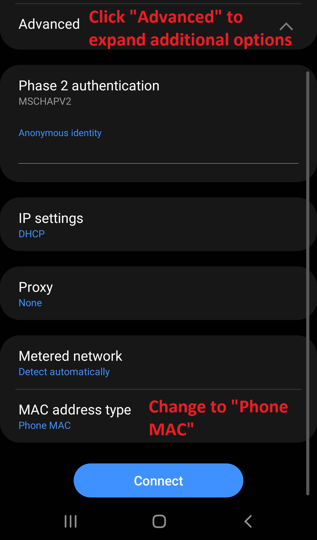 Advanced security options in the security settings for a wireless network.