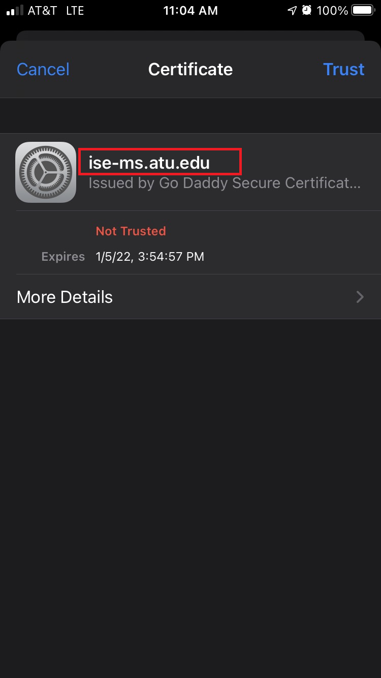 Certificate trust options when connecting to 802.1x wireless network on Apple mobile.