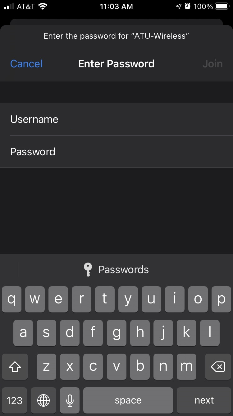 Connection screen for wireless on Apple mobile asking for username and password.
