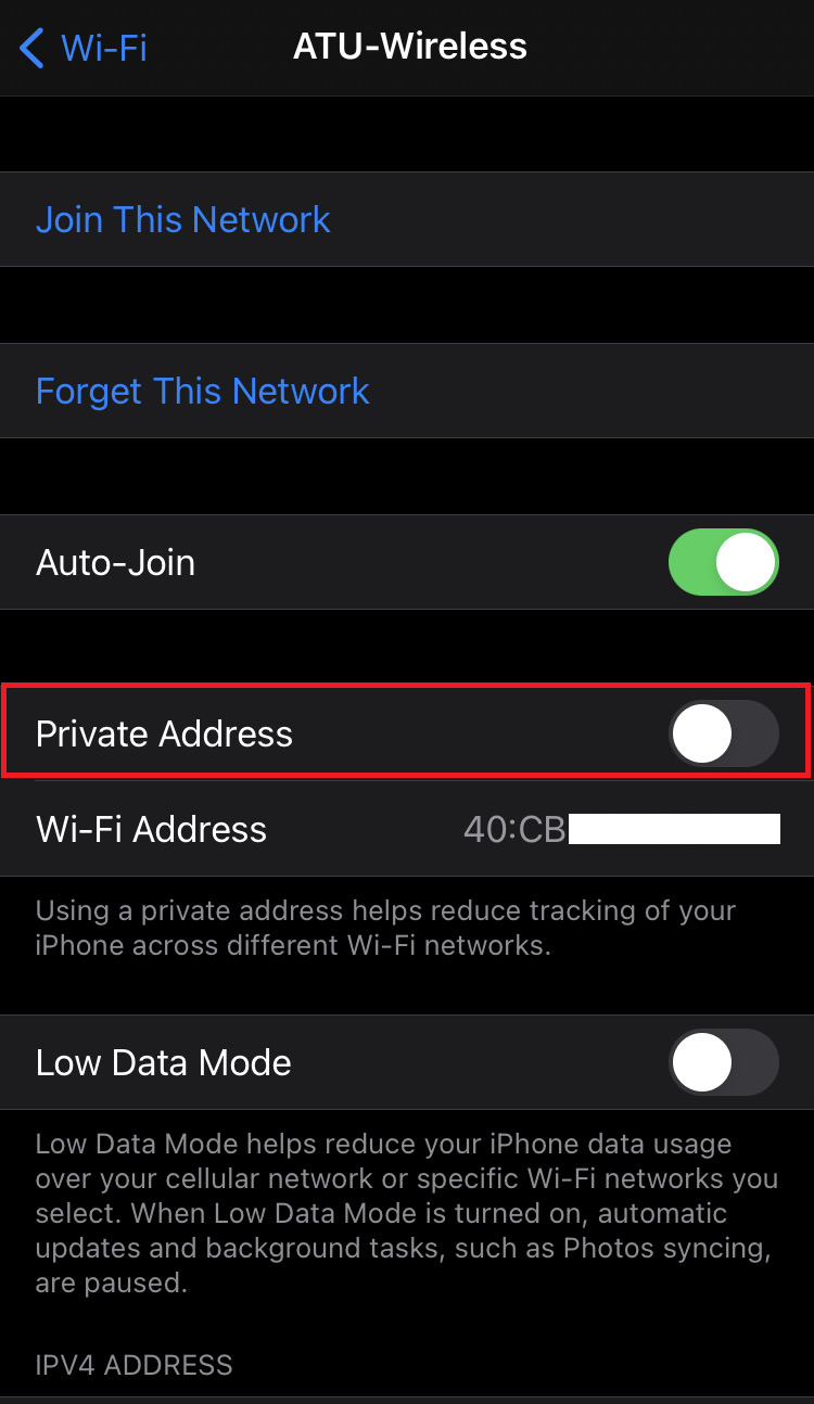 Wireless settings for a particular wireless network on Apple mobile with the Private Address option highlighted and disabled to turn off Randomized MAC addressing.