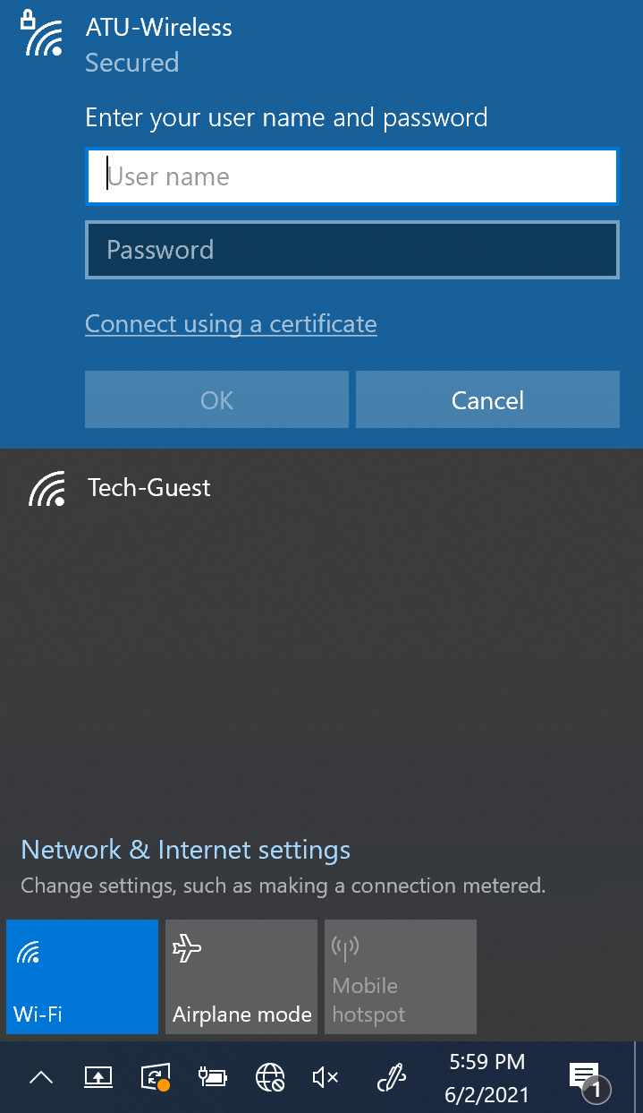 Username and password prompt to connect to a 802.1x network on Windows 10