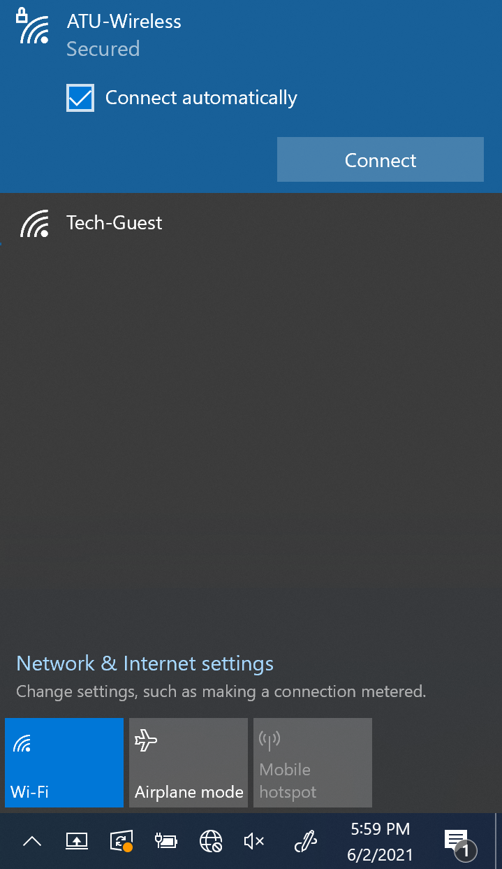 Wireless connection menu on Windows 10