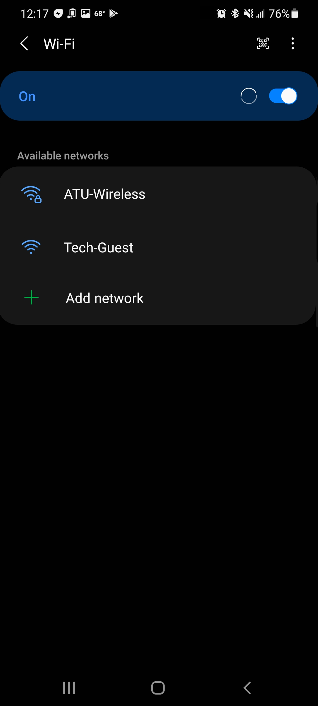 Wifi networks menu on an Android phone