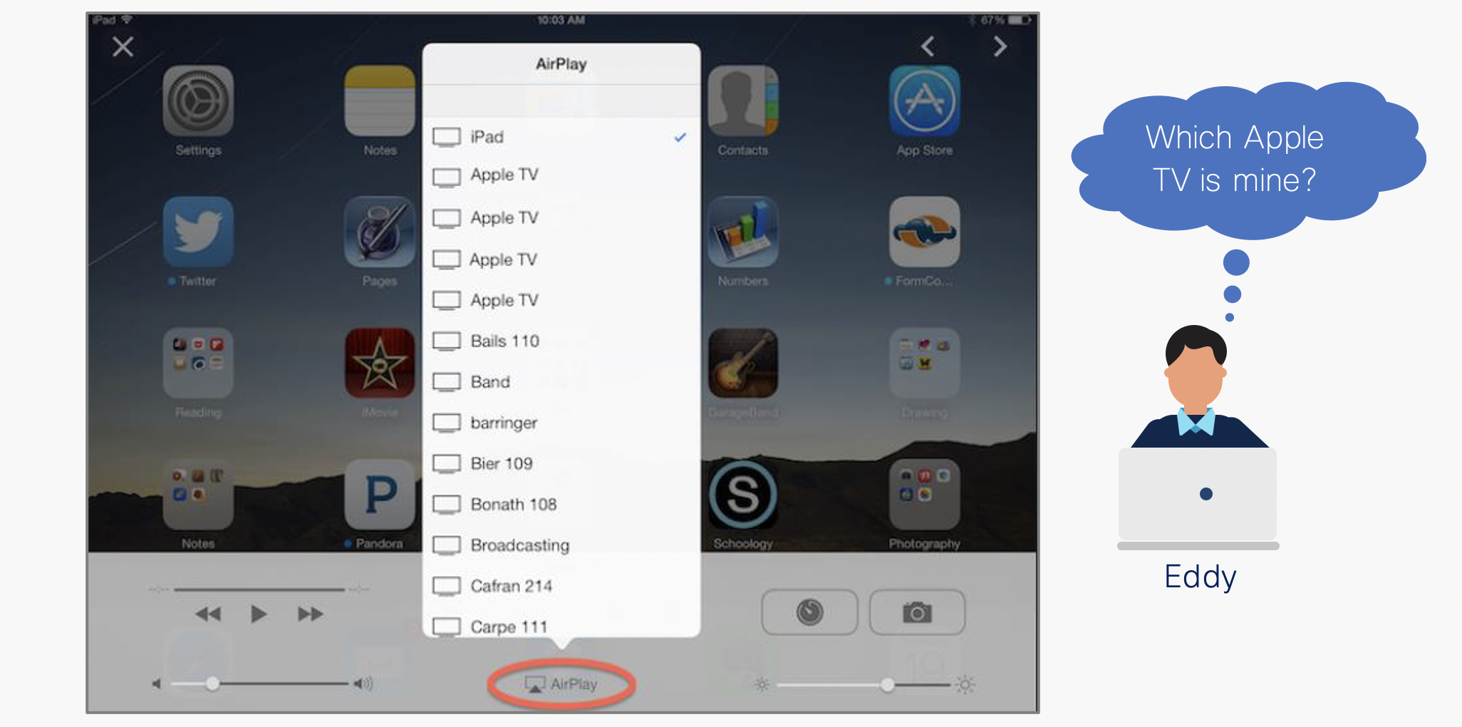 AirPlay connection popup showing a large number of user devices all connected to the same network